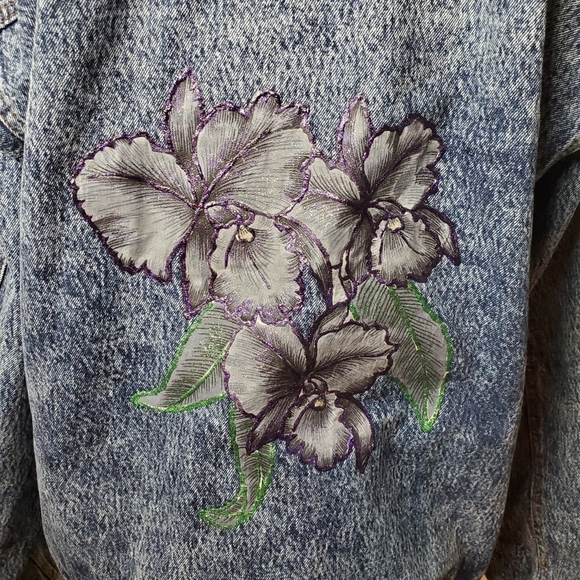 RARE  | Vintage Roglins Acid Wash Bomber Jean Jacket Glitter florals (Size M) - Picture 5 of 16